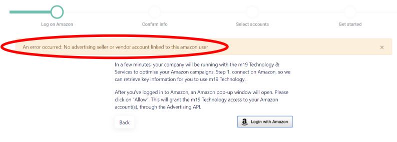 No advertising seller or vendor account linked to this amazon user