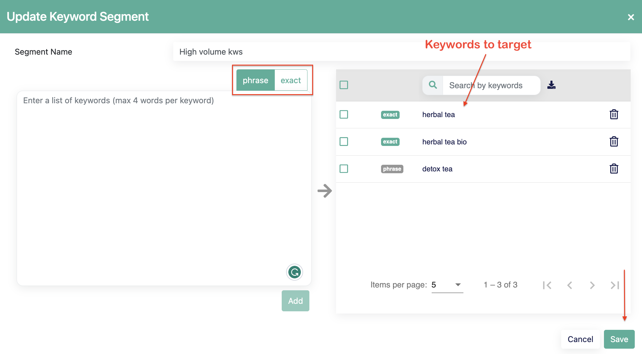 Update keyword segment