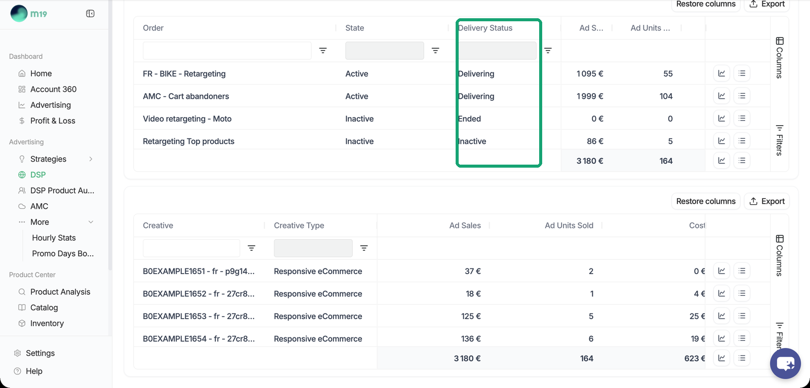 DSP page: tables per order and per creative