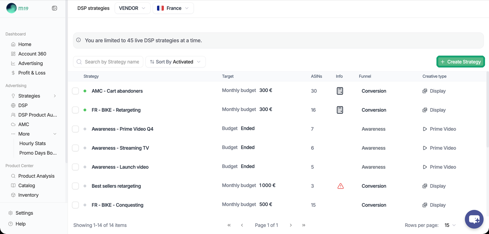DSP strategies list with the Create Strategy button