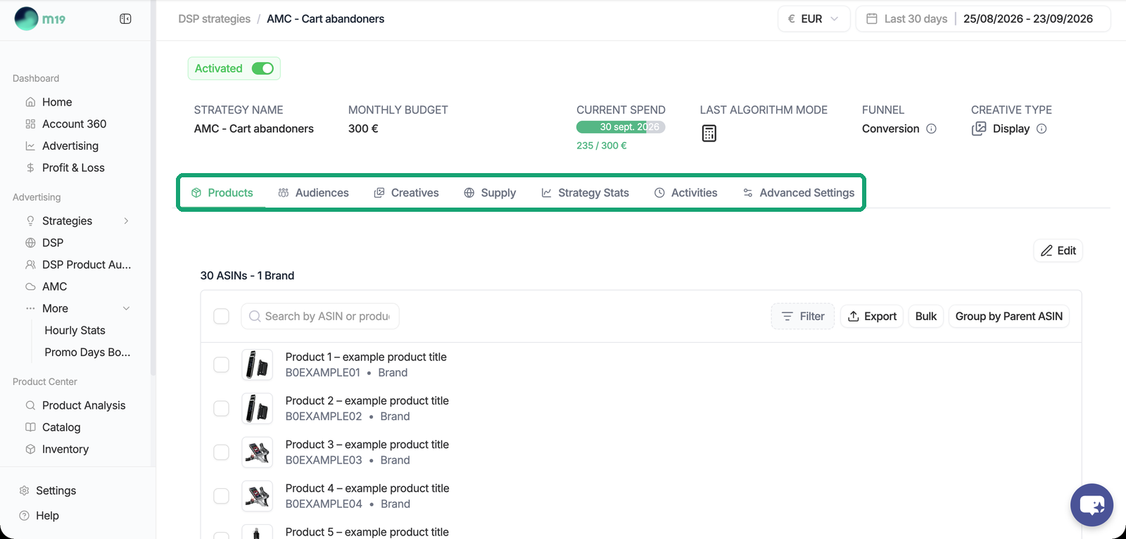 Strategy page and its tabs