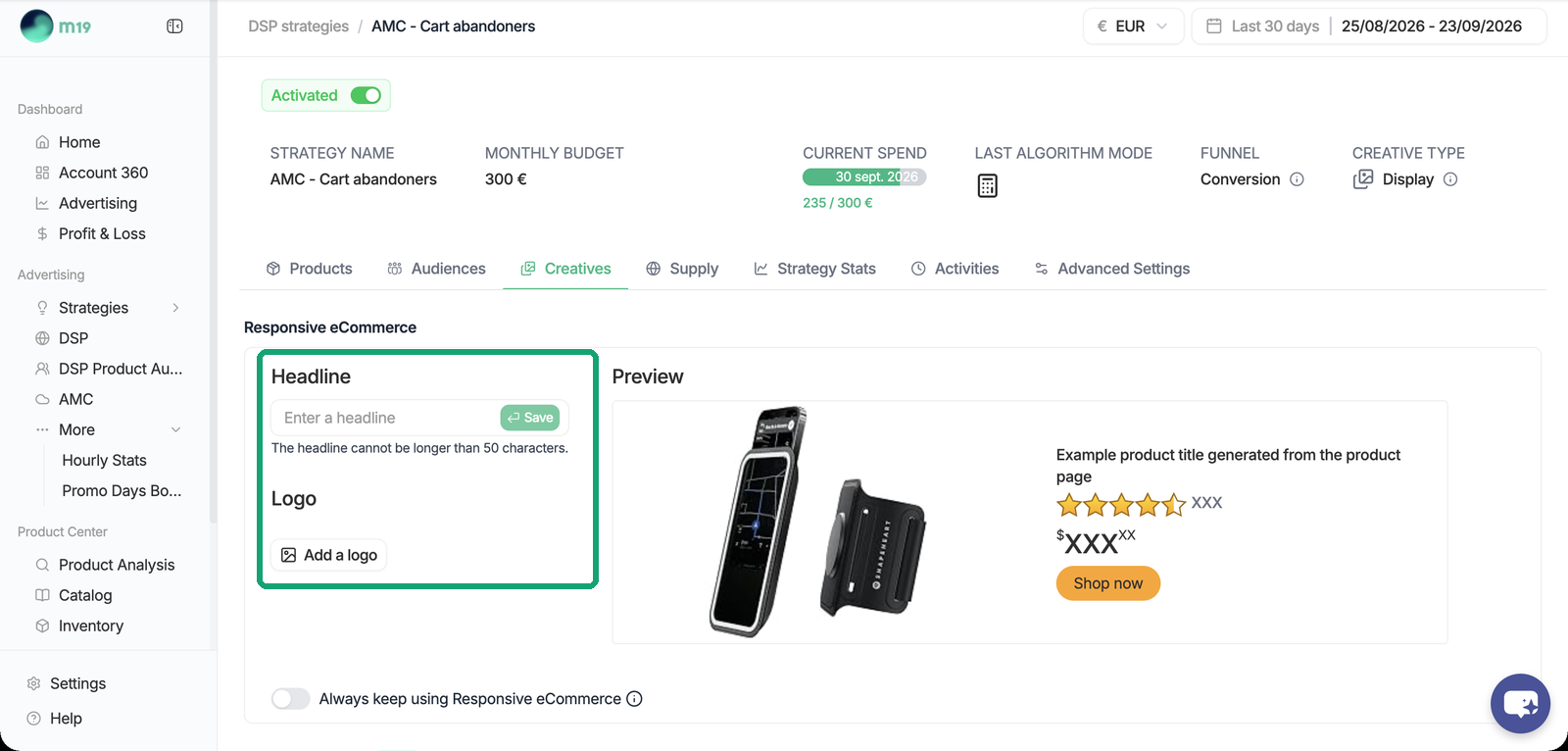 Responsive eCommerce creative: headline, logo and preview
