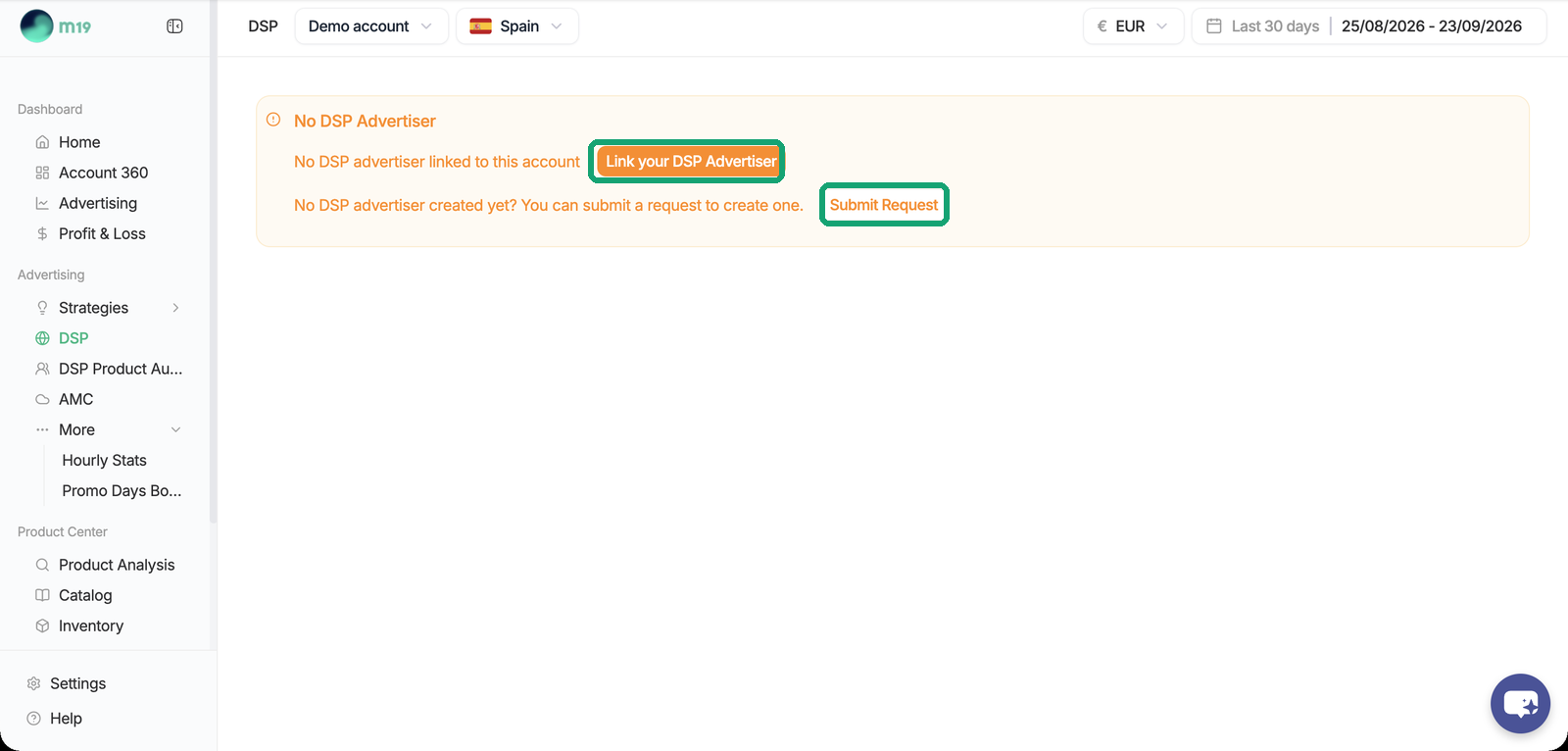 DSP page without an advertiser: Link your DSP Advertiser or Submit Request